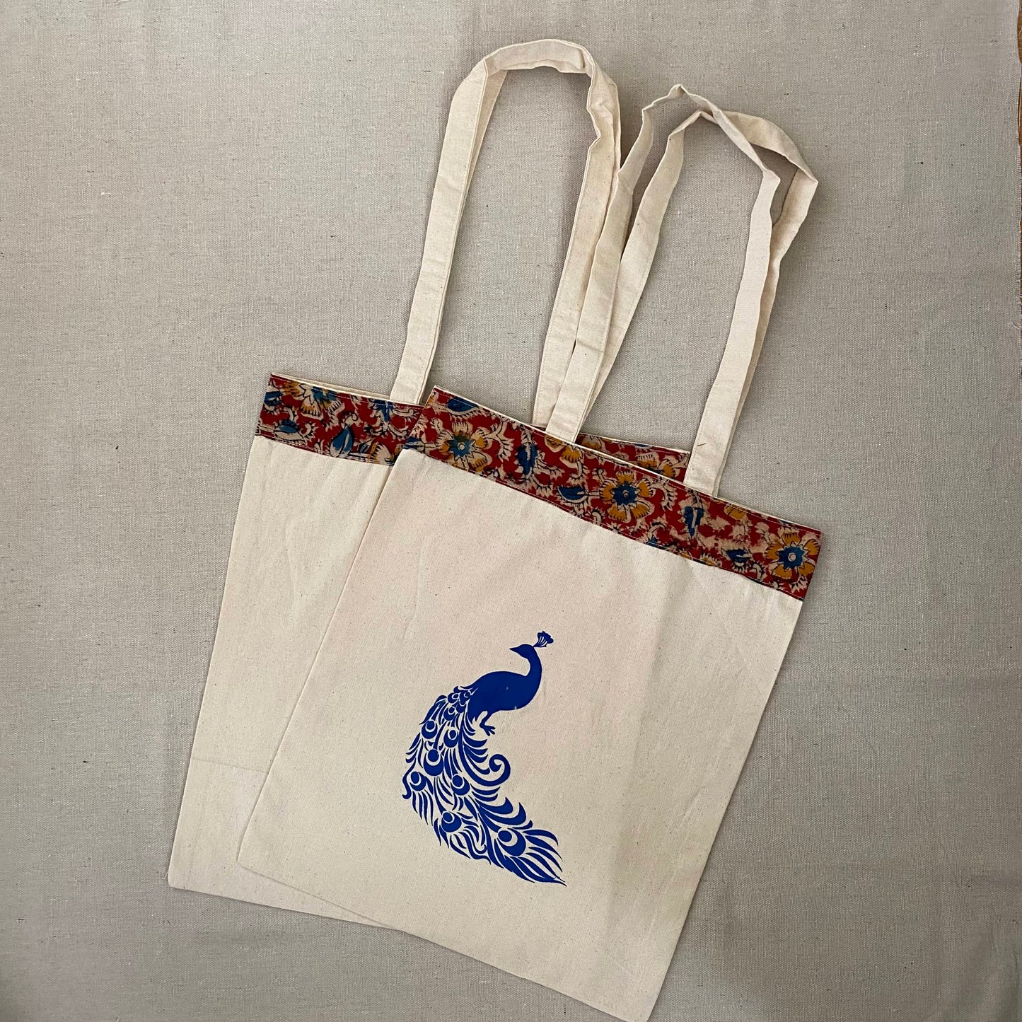 Canvas Bag with Peacock Print and Kalamkari Border