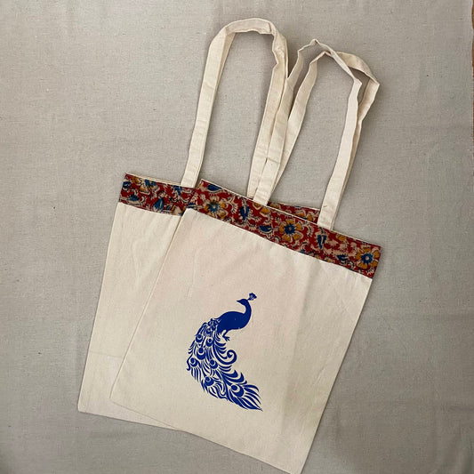 Canvas Bag with Peacock Print and Kalamkari Border