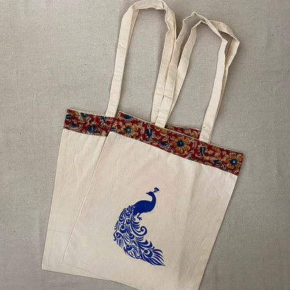 Canvas Bag with Peacock Print and Kalamkari Border